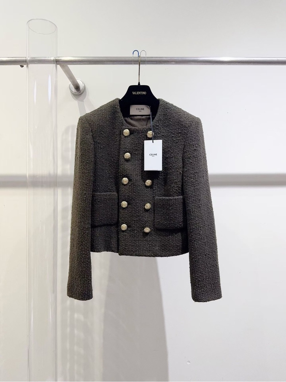 Celine Olive Green Bouclé Double-Breasted Cropped Jacket